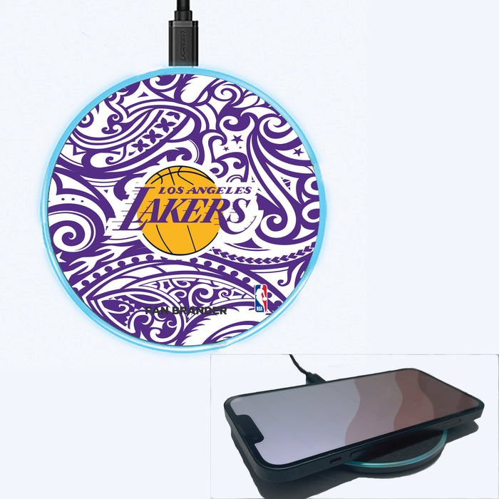 Fan Brander Grey 15W Wireless Charger with LA Lakers Primary Logo With Team Color Tribal Background