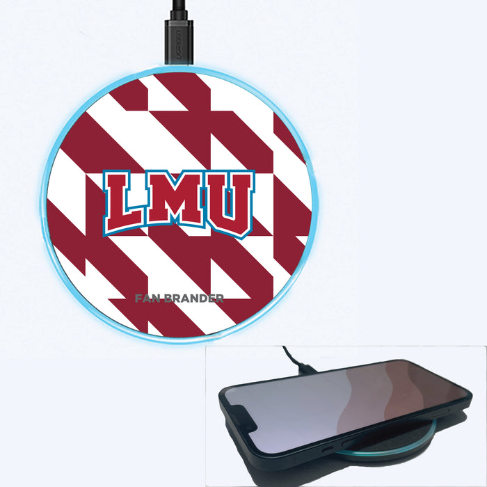 Fan Brander Grey 15W Wireless Charger with Loyola Marymount University Lions Primary Logo on Geometric Quad Background