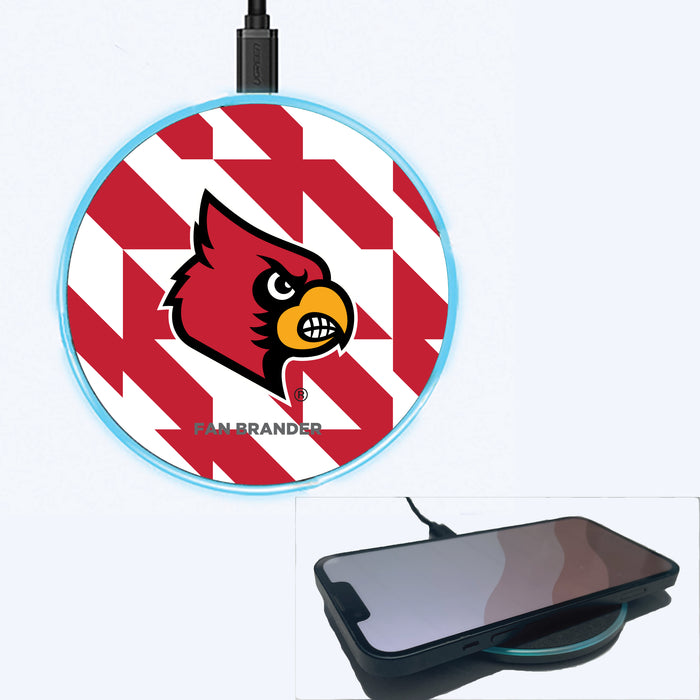 Fan Brander Grey 15W Wireless Charger with Louisville Cardinals Primary Logo on Geometric Quad Background