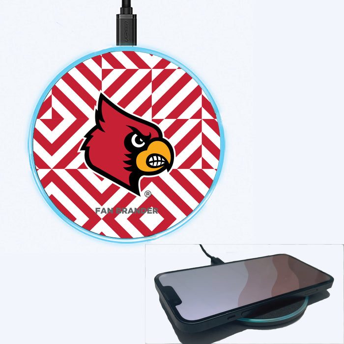 Fan Brander Grey 15W Wireless Charger with Louisville Cardinals Primary Logo on Geometric Diamonds Background