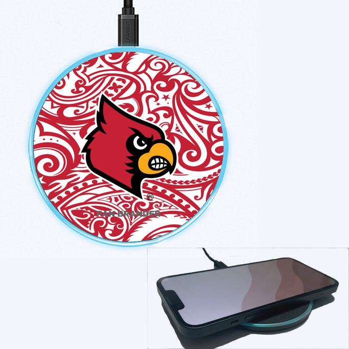 Fan Brander Grey 15W Wireless Charger with Louisville Cardinals Primary Logo With Team Color Tribal Background