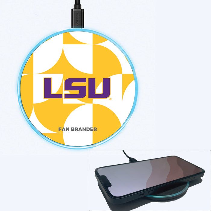 Fan Brander Grey 15W Wireless Charger with LSU Tigers Primary Logo on Geometric Circle Background