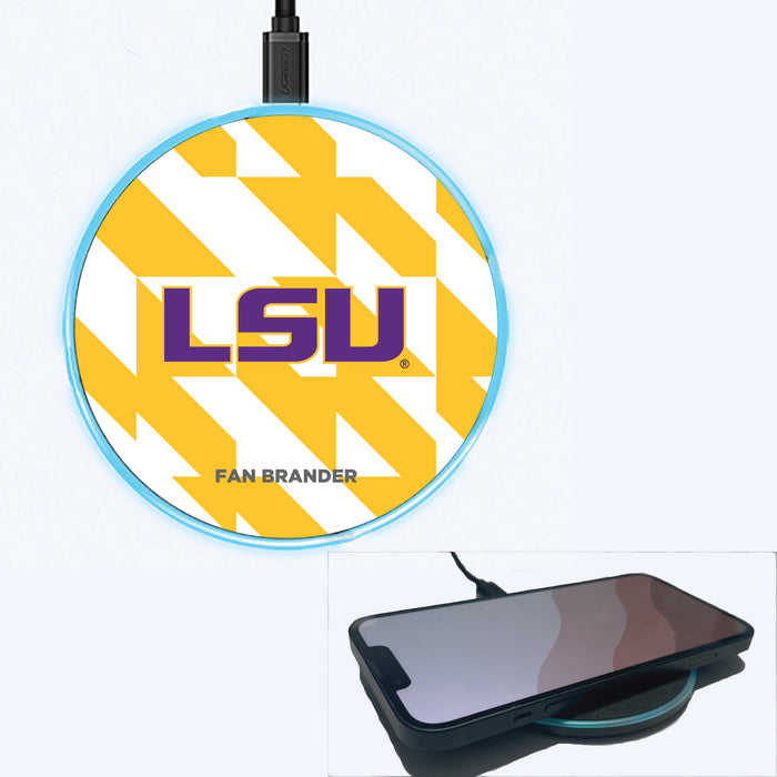 Fan Brander Grey 15W Wireless Charger with LSU Tigers Primary Logo on Geometric Quad Background