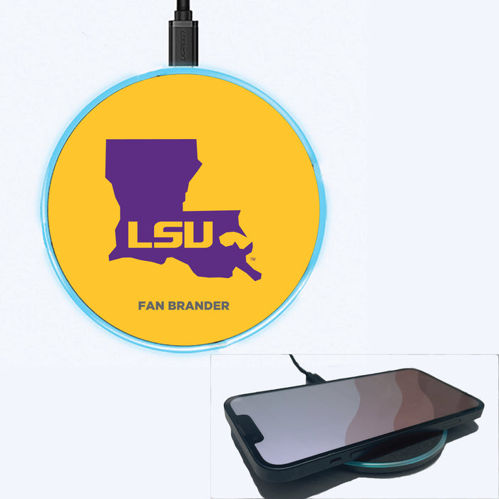 Fan Brander Grey 15W Wireless Charger with LSU Tigers State Design with Team Background