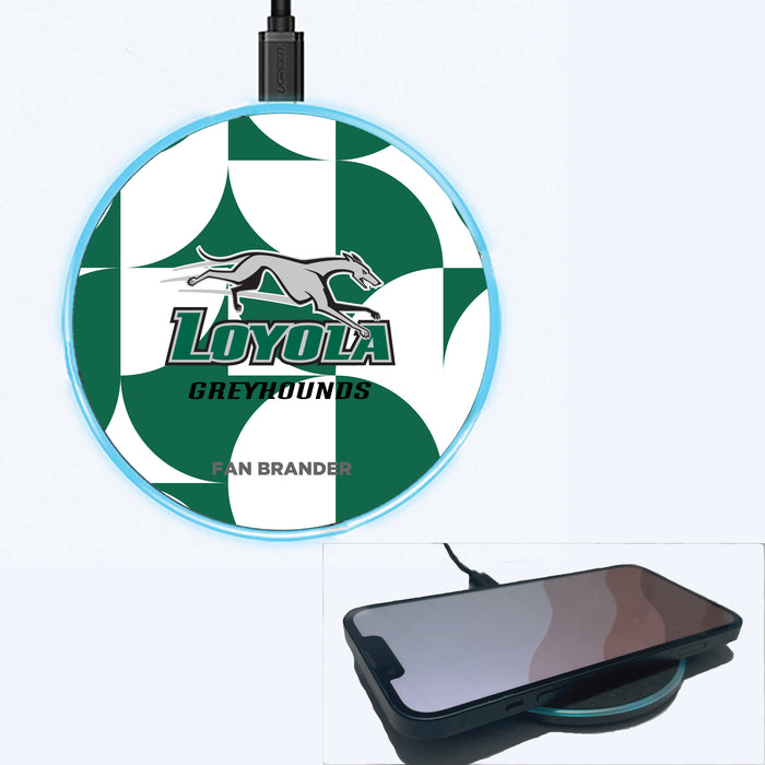 Fan Brander Grey 15W Wireless Charger with Loyola Univ Of Maryland Hounds Primary Logo on Geometric Circle Background