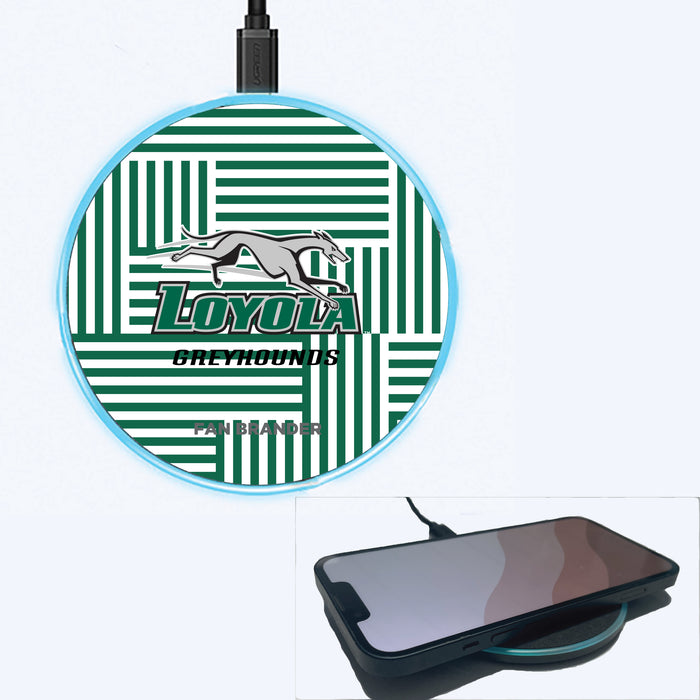 Fan Brander Grey 15W Wireless Charger with Loyola Univ Of Maryland Hounds Primary Logo on Geometric Lines Background