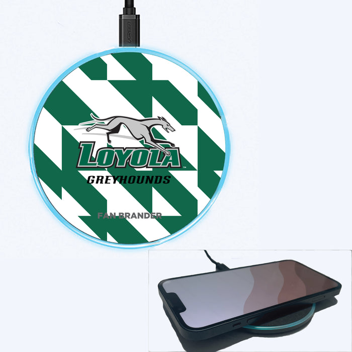 Fan Brander Grey 15W Wireless Charger with Loyola Univ Of Maryland Hounds Primary Logo on Geometric Quad Background