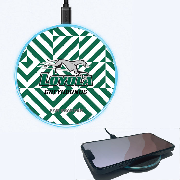 Fan Brander Grey 15W Wireless Charger with Loyola Univ Of Maryland Hounds Primary Logo on Geometric Diamonds Background