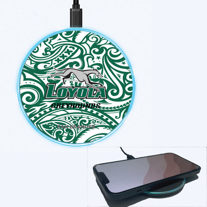 Fan Brander Grey 15W Wireless Charger with Loyola Univ Of Maryland Hounds Primary Logo With Team Color Tribal Background