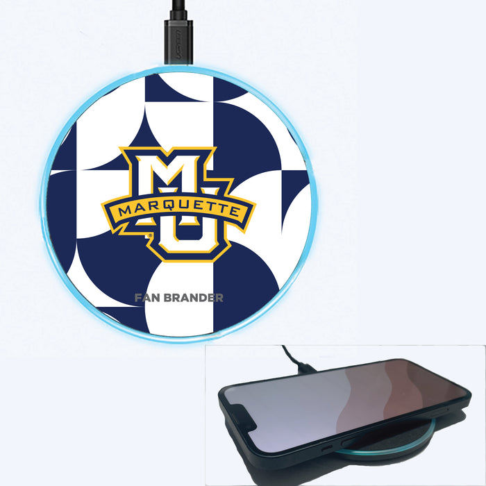 Fan Brander Grey 15W Wireless Charger with Marquette Golden Eagles Primary Logo on Geometric Circle Background