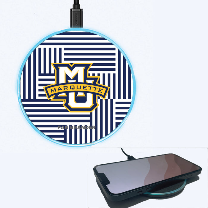 Fan Brander Grey 15W Wireless Charger with Marquette Golden Eagles Primary Logo on Geometric Lines Background