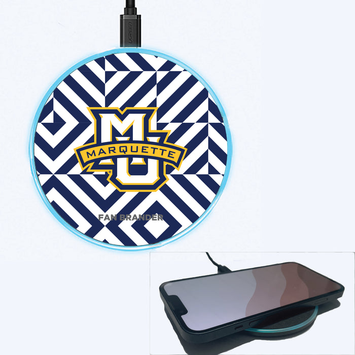 Fan Brander Grey 15W Wireless Charger with Marquette Golden Eagles Primary Logo on Geometric Diamonds Background