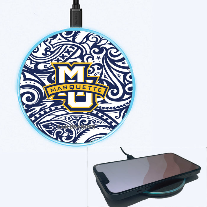 Fan Brander Grey 15W Wireless Charger with Marquette Golden Eagles Primary Logo With Team Color Tribal Background