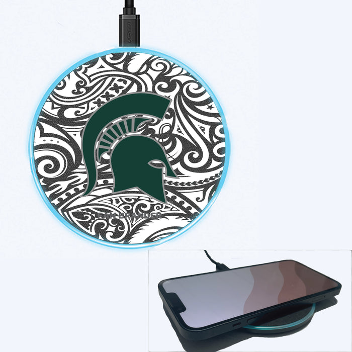 Fan Brander Grey 15W Wireless Charger with Michigan State Spartans Primary Logo With Black Tribal