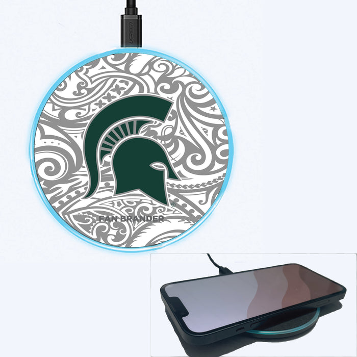 Fan Brander Grey 15W Wireless Charger with Michigan State Spartans Primary Logo With Team Color Tribal Background