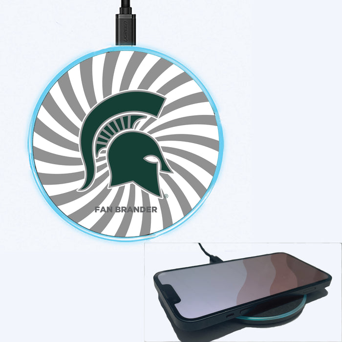 Fan Brander Grey 15W Wireless Charger with Michigan State Spartans Primary Logo With Team Groovey Burst