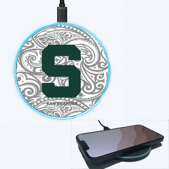 Fan Brander Grey 15W Wireless Charger with Michigan State Spartans Block S With Urban Camo Background