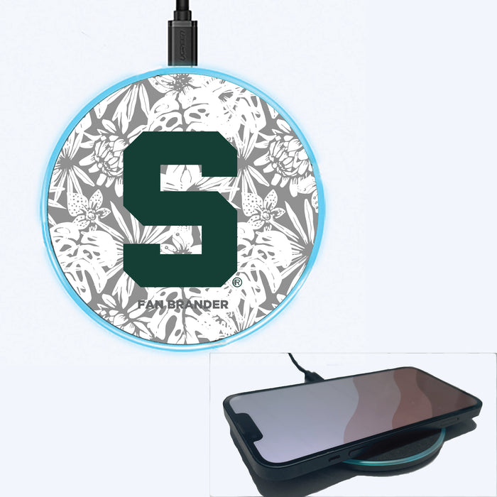 Fan Brander Grey 15W Wireless Charger with Michigan State Spartans Block S with Team Color Hawain Pattern