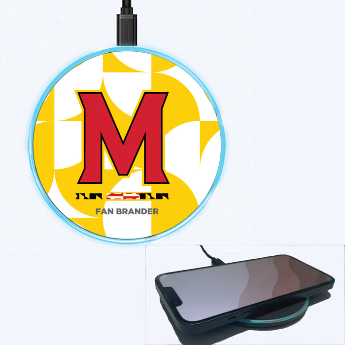 Fan Brander Grey 15W Wireless Charger with Maryland Terrapins Primary Logo on Geometric Circle Background
