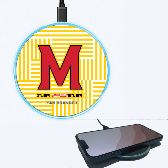 Fan Brander Grey 15W Wireless Charger with Maryland Terrapins Primary Logo on Geometric Lines Background