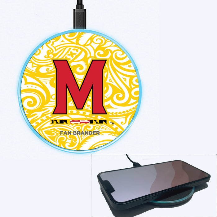 Fan Brander Grey 15W Wireless Charger with Maryland Terrapins Primary Logo With Team Color Tribal Background