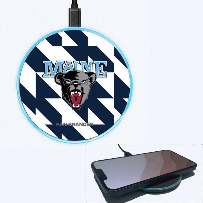 Fan Brander Grey 15W Wireless Charger with Maine Black Bears Primary Logo on Geometric Quad Background