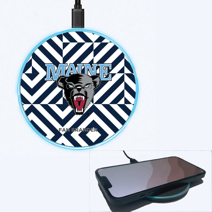 Fan Brander Grey 15W Wireless Charger with Maine Black Bears Primary Logo on Geometric Diamonds Background