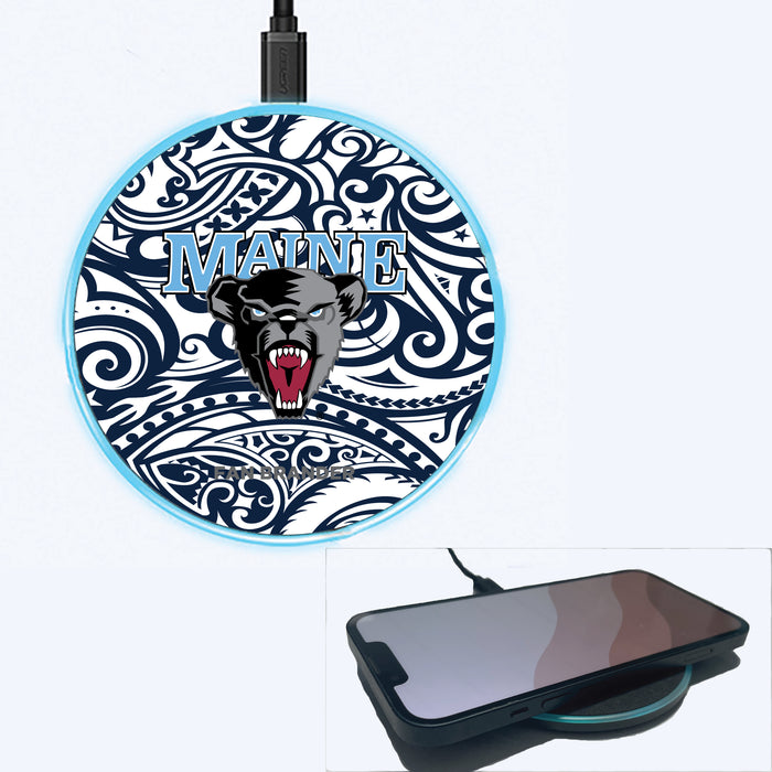 Fan Brander Grey 15W Wireless Charger with Maine Black Bears Primary Logo With Team Color Tribal Background