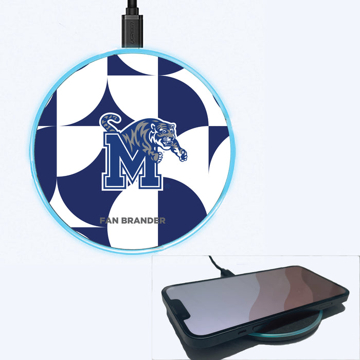 Fan Brander Grey 15W Wireless Charger with Memphis Tigers Primary Logo on Geometric Circle Background