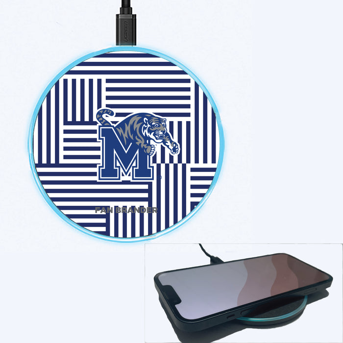 Fan Brander Grey 15W Wireless Charger with Memphis Tigers Primary Logo on Geometric Lines Background