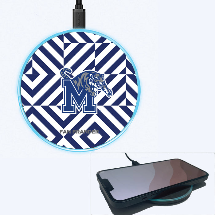 Fan Brander Grey 15W Wireless Charger with Memphis Tigers Primary Logo on Geometric Diamonds Background