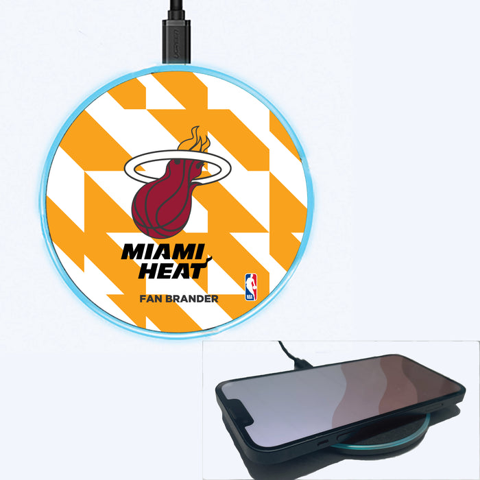 Fan Brander Grey 15W Wireless Charger with Miami Heat Primary Logo on Geometric Quad Background