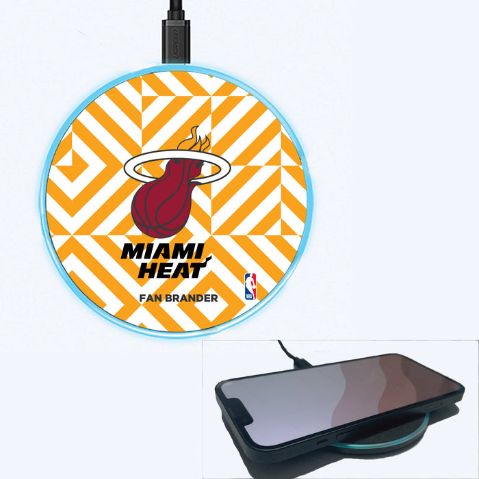 Fan Brander Grey 15W Wireless Charger with Miami Heat Primary Logo on Geometric Diamonds Background