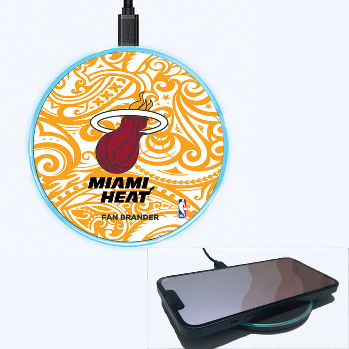 Fan Brander Grey 15W Wireless Charger with Miami Heat Primary Logo With Team Color Tribal Background