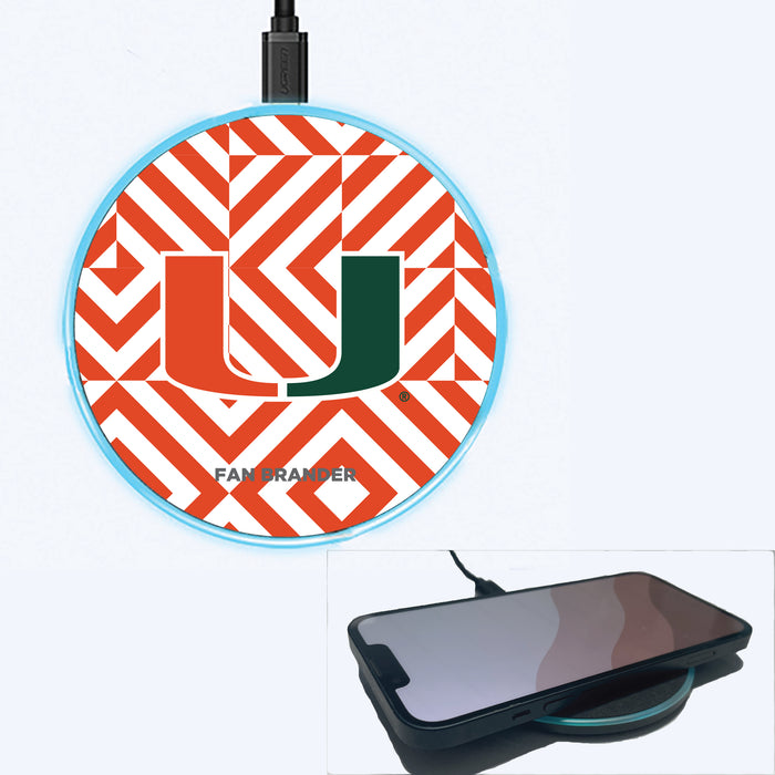 Fan Brander Grey 15W Wireless Charger with Miami Hurricanes Primary Logo on Geometric Diamonds Background
