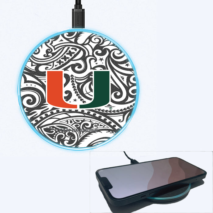 Fan Brander Grey 15W Wireless Charger with Miami Hurricanes Primary Logo With Black Tribal