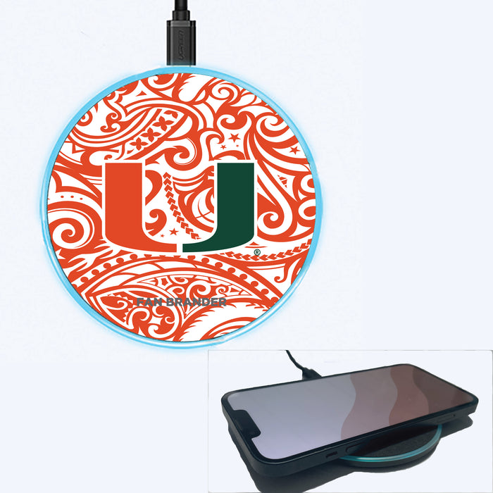 Fan Brander Grey 15W Wireless Charger with Miami Hurricanes Primary Logo With Team Color Tribal Background