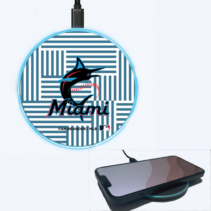 Fan Brander Grey 15W Wireless Charger with Miami Marlins Primary Logo on Geometric Lines Background