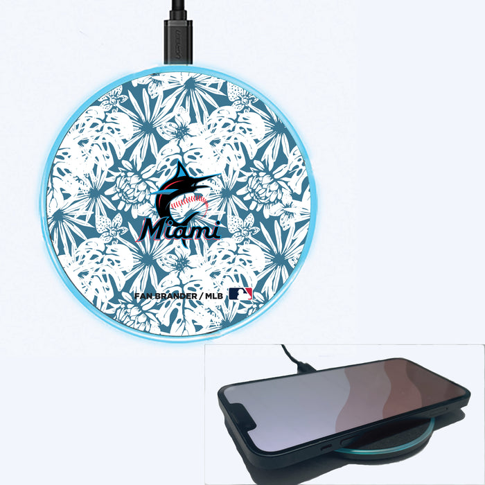 Fan Brander Grey 15W Wireless Charger with Miami Marlins Primary Logo With Team Color Hawain Pattern