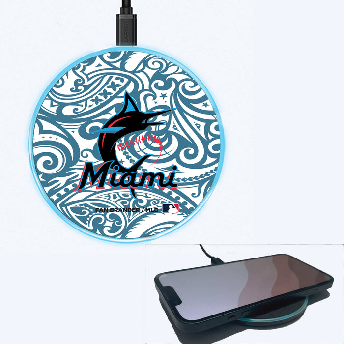 Fan Brander Grey 15W Wireless Charger with Miami Marlins Primary Logo With Team Color Tribal Background