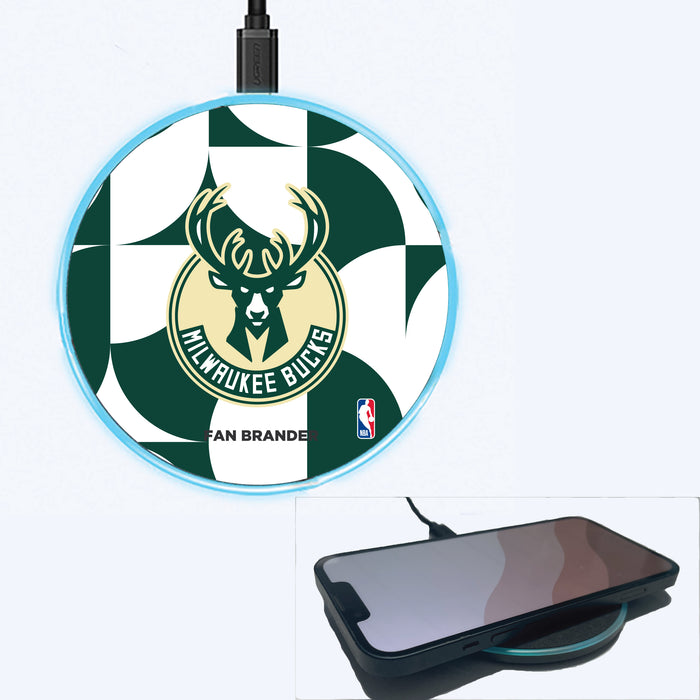 Fan Brander Grey 15W Wireless Charger with Milwaukee Bucks Primary Logo on Geometric Circle Background