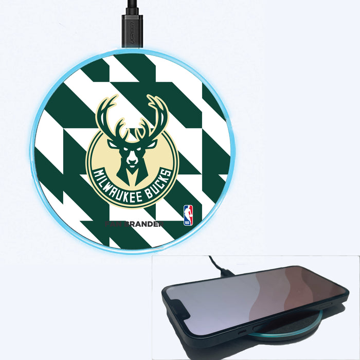 Fan Brander Grey 15W Wireless Charger with Milwaukee Bucks Primary Logo on Geometric Quad Background