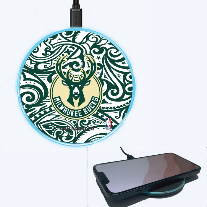 Fan Brander Grey 15W Wireless Charger with Milwaukee Bucks Primary Logo With Team Color Tribal Background
