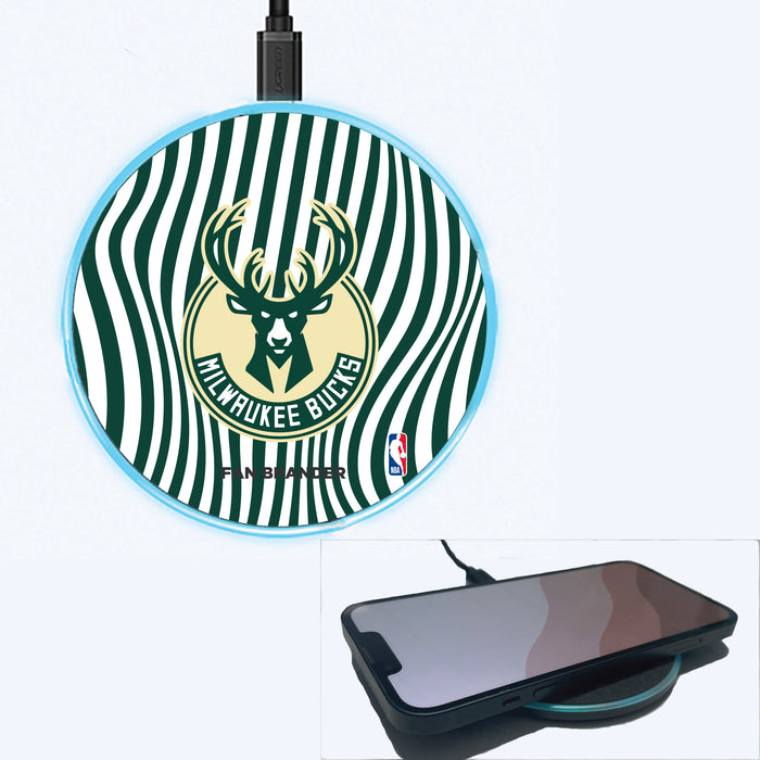 Fan Brander Grey 15W Wireless Charger with Milwaukee Bucks Primary Logo With Team Groovey Lines