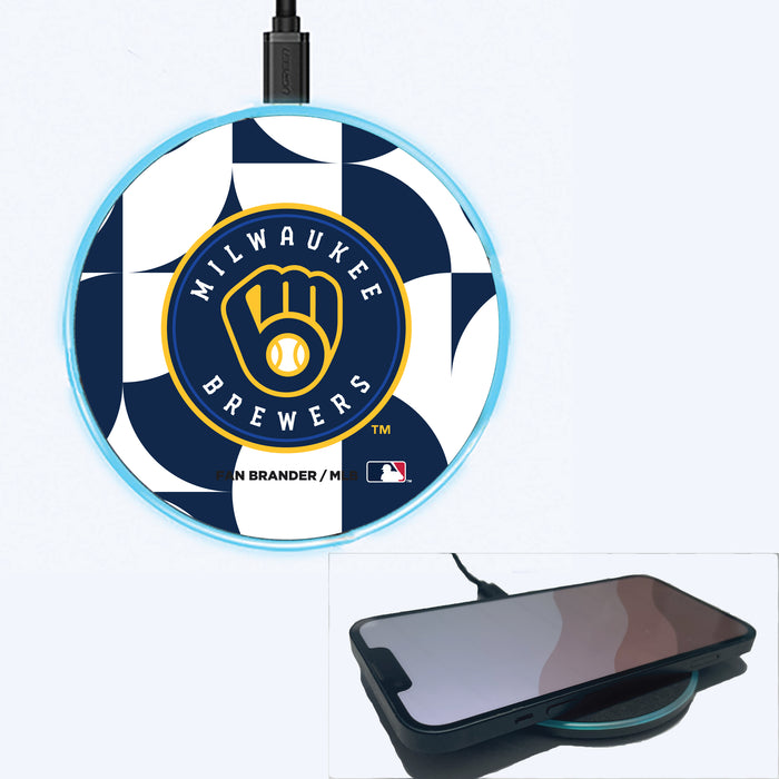 Fan Brander Grey 15W Wireless Charger with Milwaukee Brewers Primary Logo on Geometric Circle Background