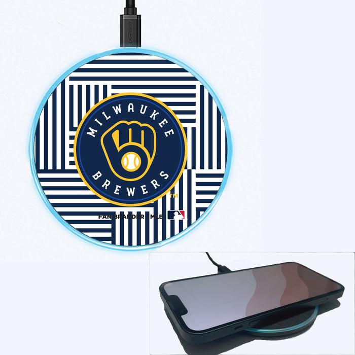 Fan Brander Grey 15W Wireless Charger with Milwaukee Brewers Primary Logo on Geometric Lines Background