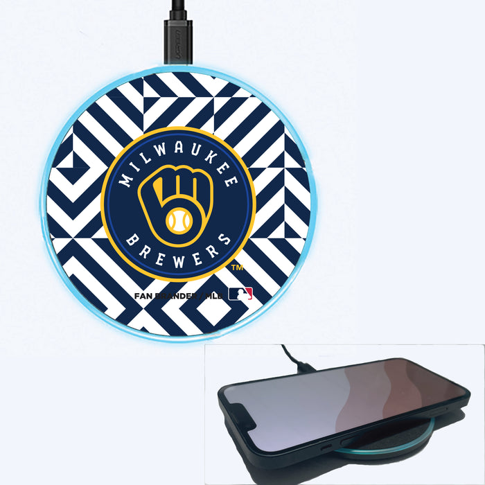Fan Brander Grey 15W Wireless Charger with Milwaukee Brewers Primary Logo on Geometric Diamonds Background