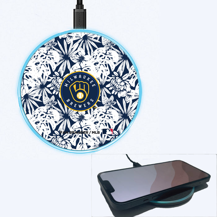 Fan Brander Grey 15W Wireless Charger with Milwaukee Brewers Primary Logo With Team Color Hawain Pattern