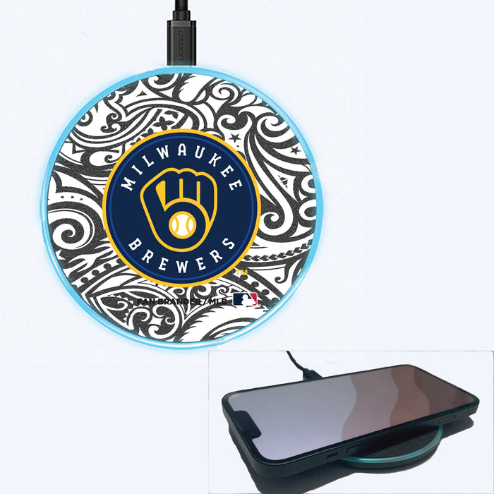 Fan Brander Grey 15W Wireless Charger with Milwaukee Brewers Primary Logo With Black Tribal