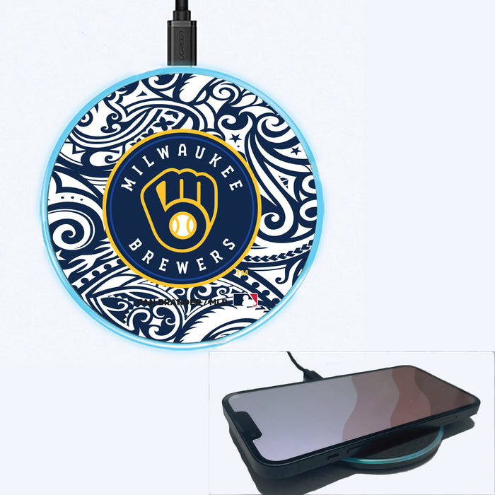 Fan Brander Grey 15W Wireless Charger with Milwaukee Brewers Primary Logo With Team Color Tribal Background